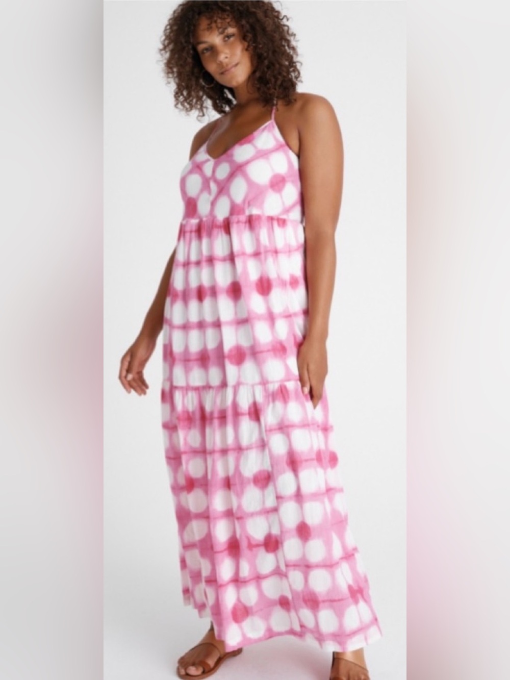 ANTHROPOLOGIE MAEVE Pink&White Tie-Dye Pullover Tiered Maxi Dress with pockets💖